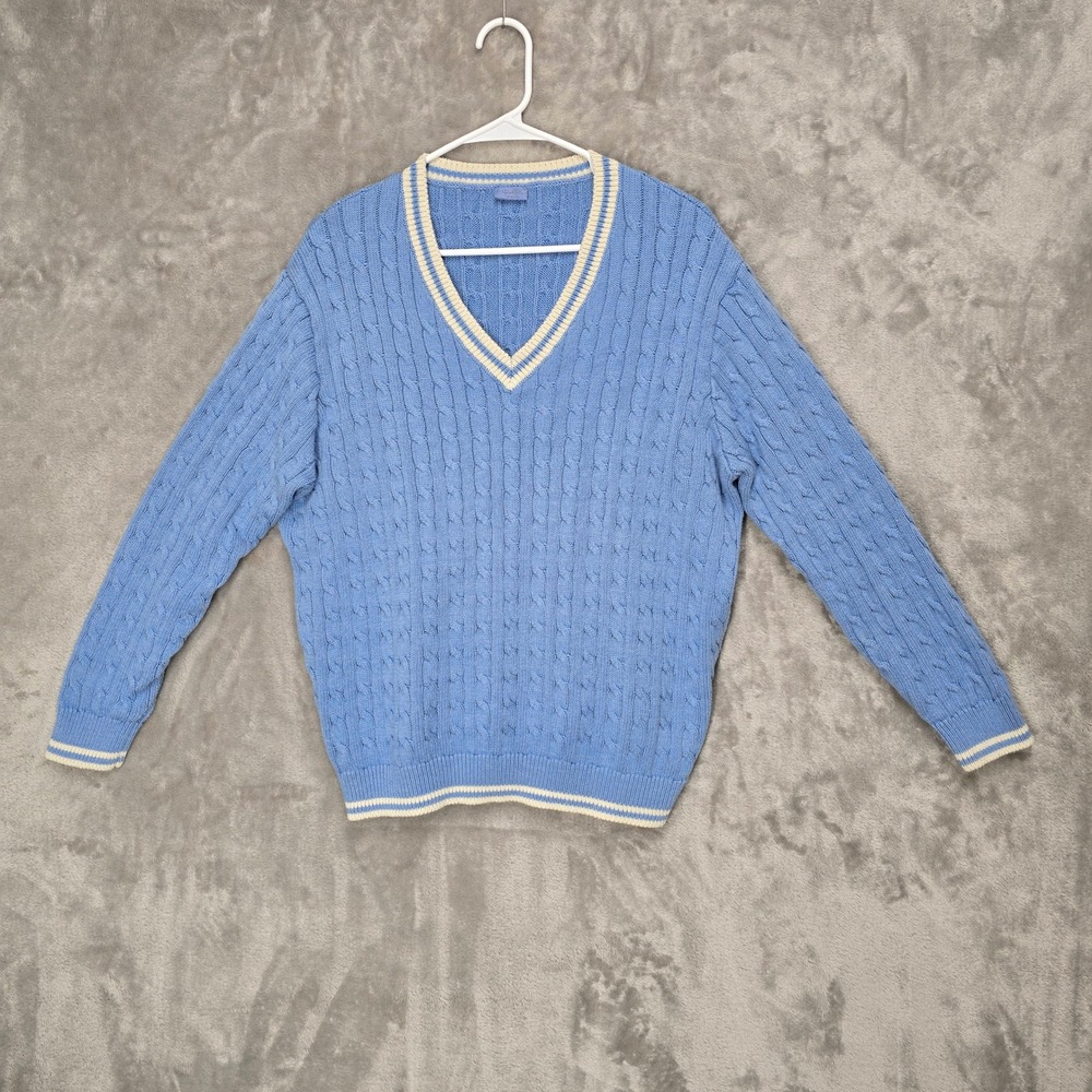 J Galt Blue Cable Knit Sweater Small Fisherman Preppy Academic Cotton Blend‎